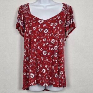 Maurices Red Floral Smocked Sleeve Top XL